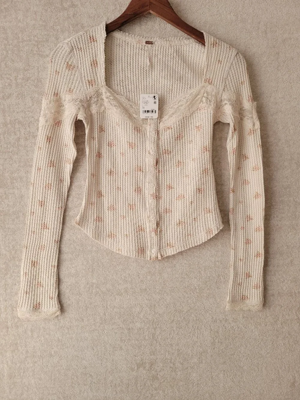 Free People Let's Party Cardi Thermal Top XS Womens Cream Pink Lace KWaffle Knit